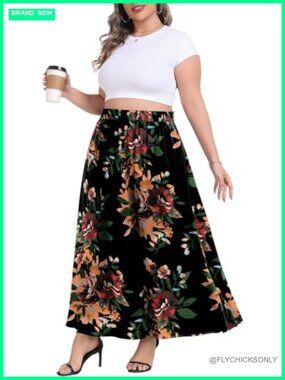 Women's Plus Size Maxi Skirt Boho Flowy A-Line Elastic High Waist with Pockets